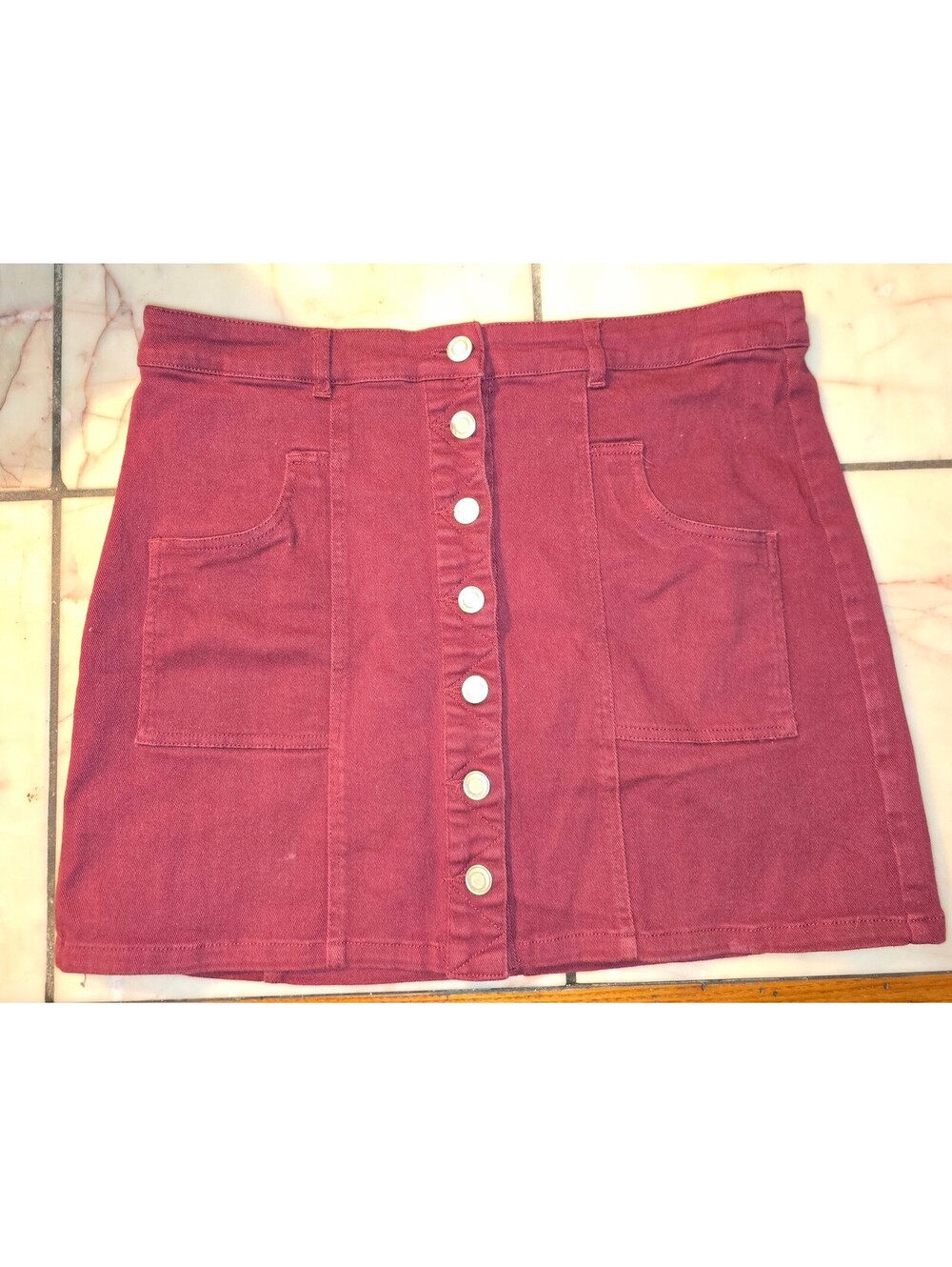 Burgundy Wine Red Button-Front Denim A-Line Mini Skirt - Size L